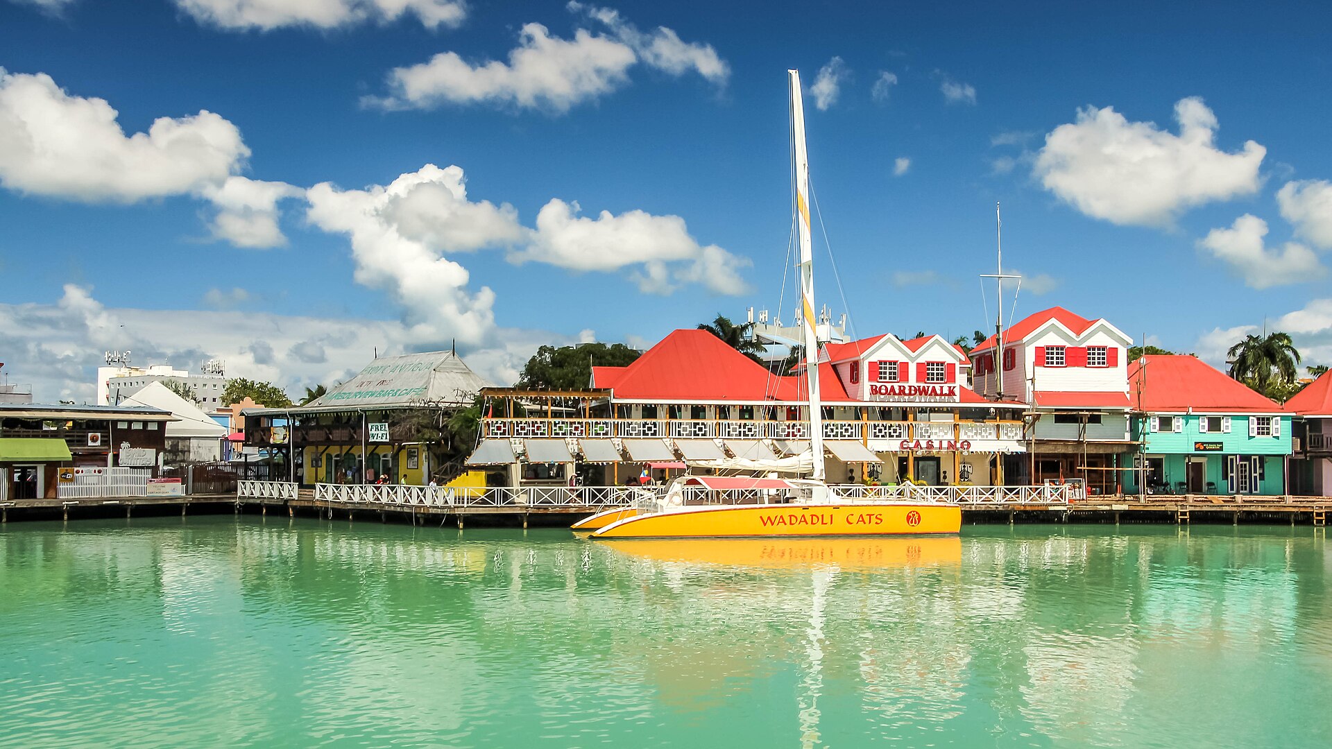 St John's Antigua cruise harbour with ships and colourful waterfront near Heritage Quay and Redcliffe Quay